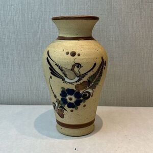 Tonala Pottery Vase Mexico Bird Flowers Folk Art Handmade Sandstone Beige Brown